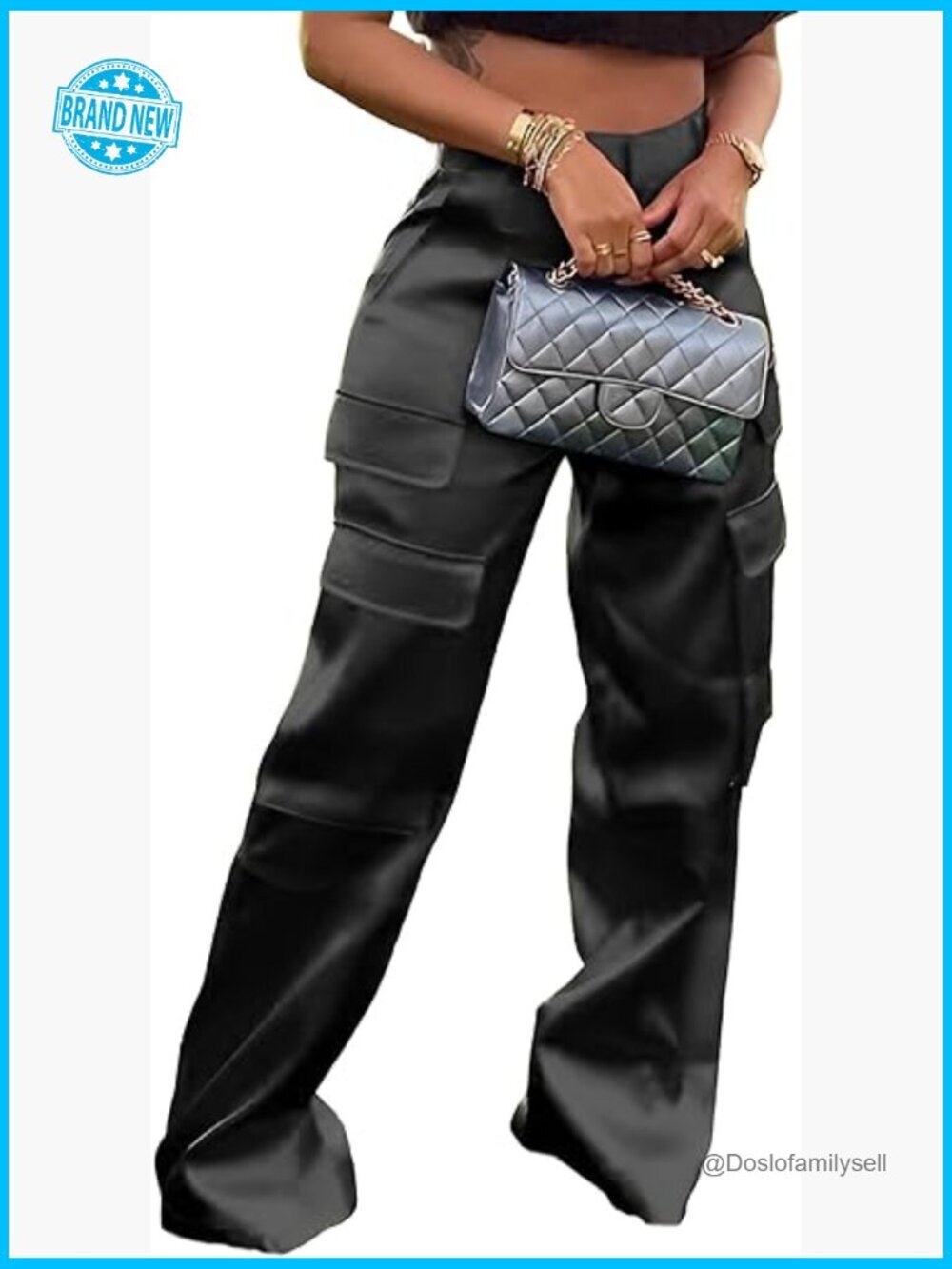 Satin Cargo Pants High Waisted Wide Leg Silky Dressy Club Outfits with Pockets